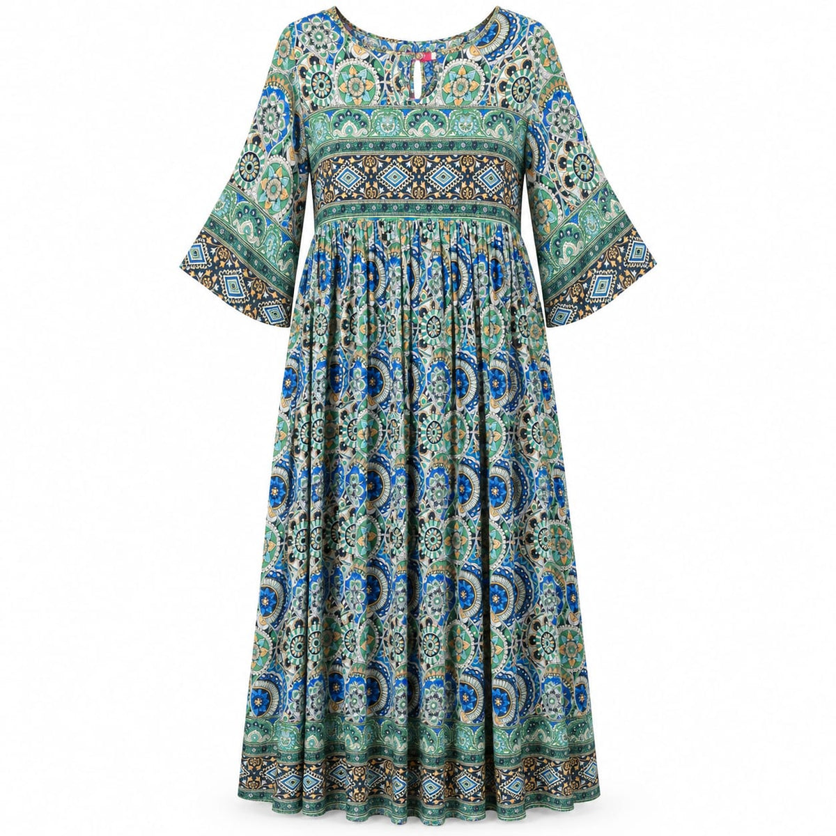 Rochie lunga albastra cu imprimeu ornamental, M/L - Lichidare stoc