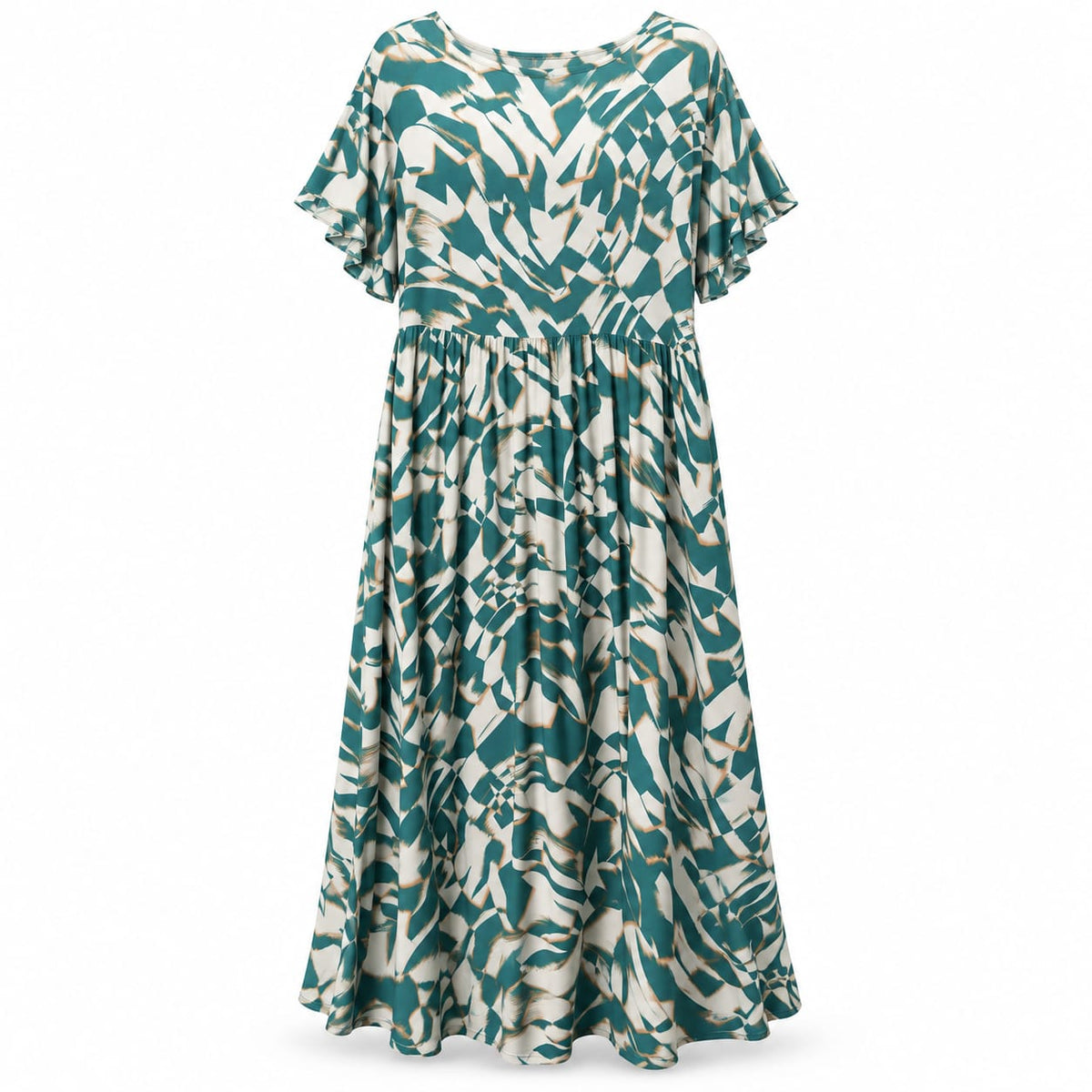 Rochie lunga verde petrol cu imprimeu abstract, XL/XXL - Lichidare stoc