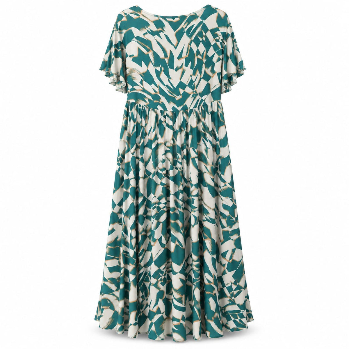 Rochie lunga verde petrol cu imprimeu abstract, XL/XXL - Lichidare stoc