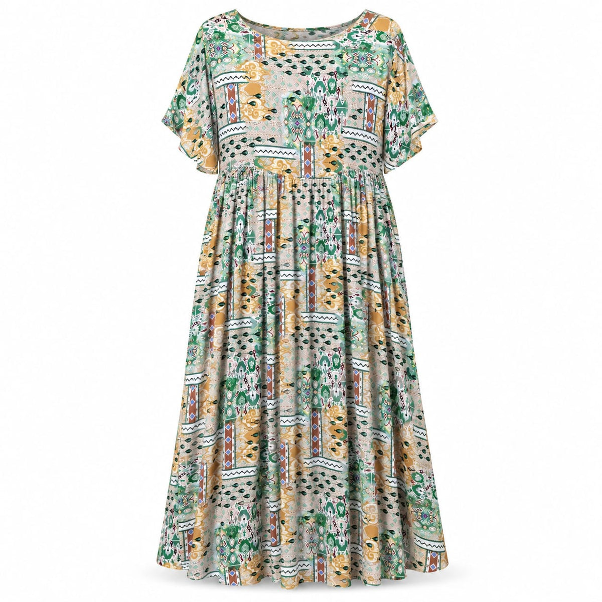 Rochie lunga cu imprimeu ornamental verde si crem, M/L - Lichidare stoc