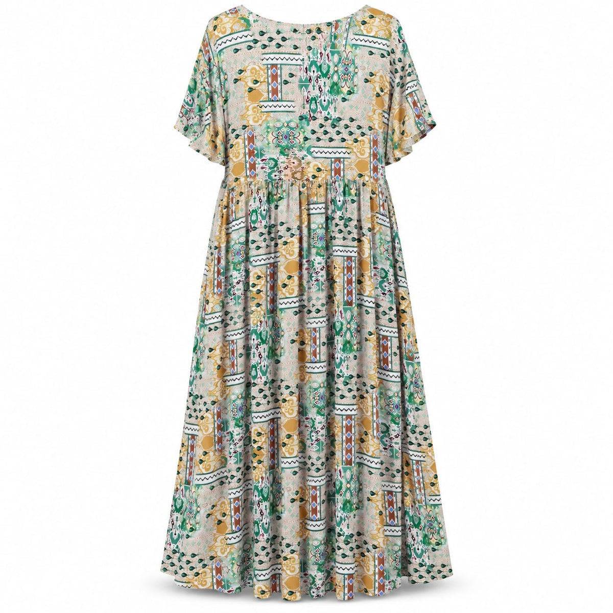 Rochie lunga cu imprimeu ornamental verde si crem, M/L - Lichidare stoc