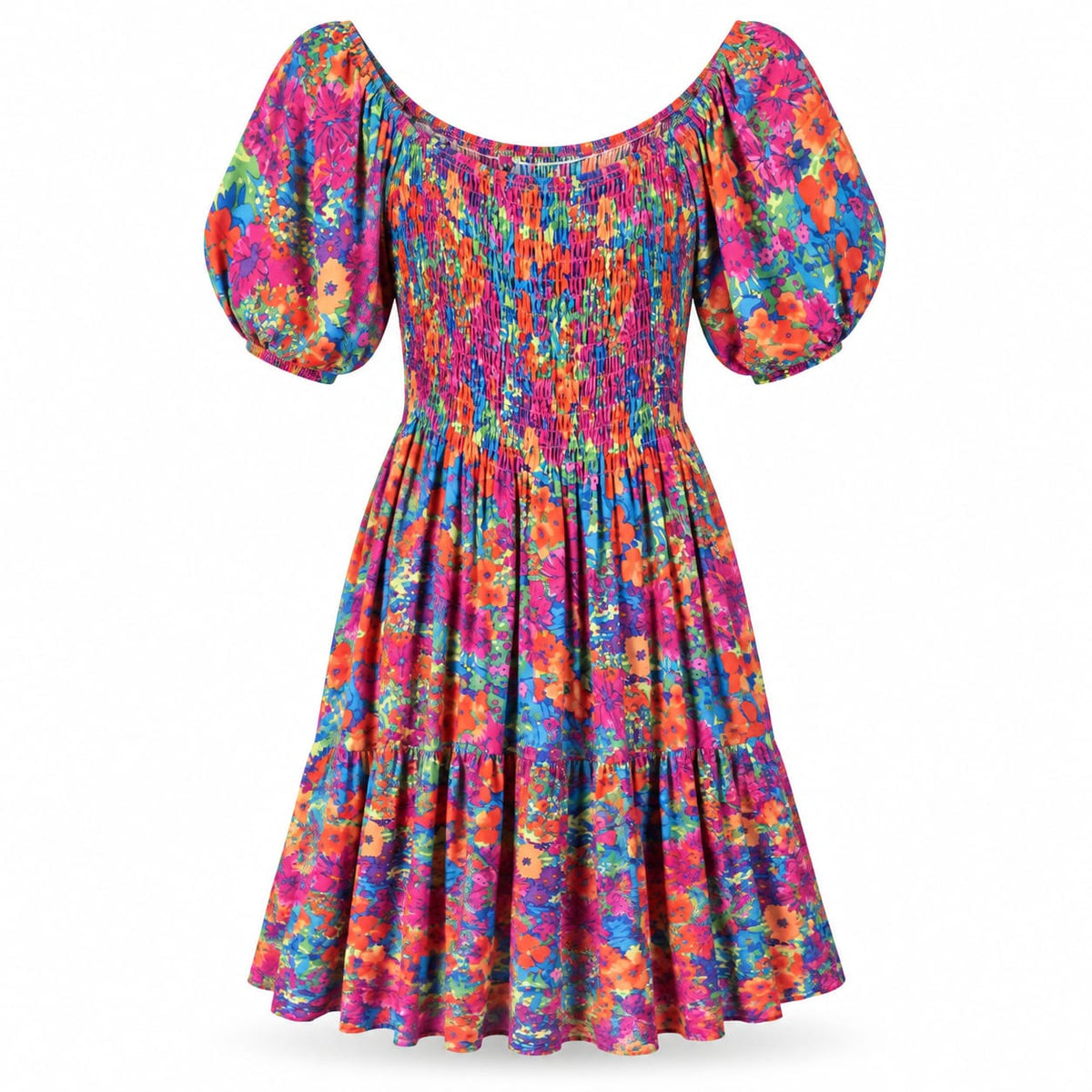 Rochie cu imprimeu floral multicolor si volan, XL/XXL - Lichidare stoc