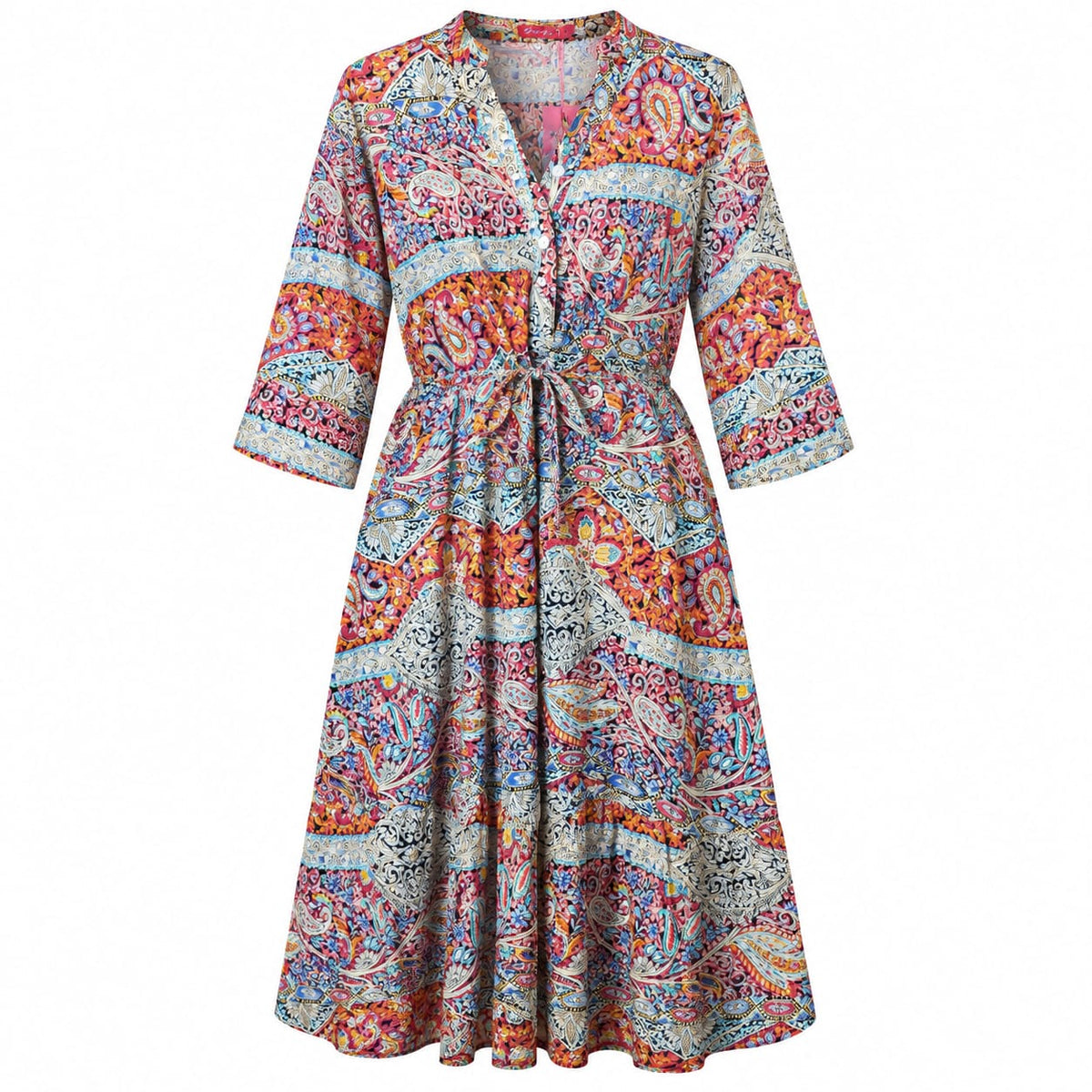 Rochie midi corai cu imprimeu ornamental, M/L - Lichidare stoc
