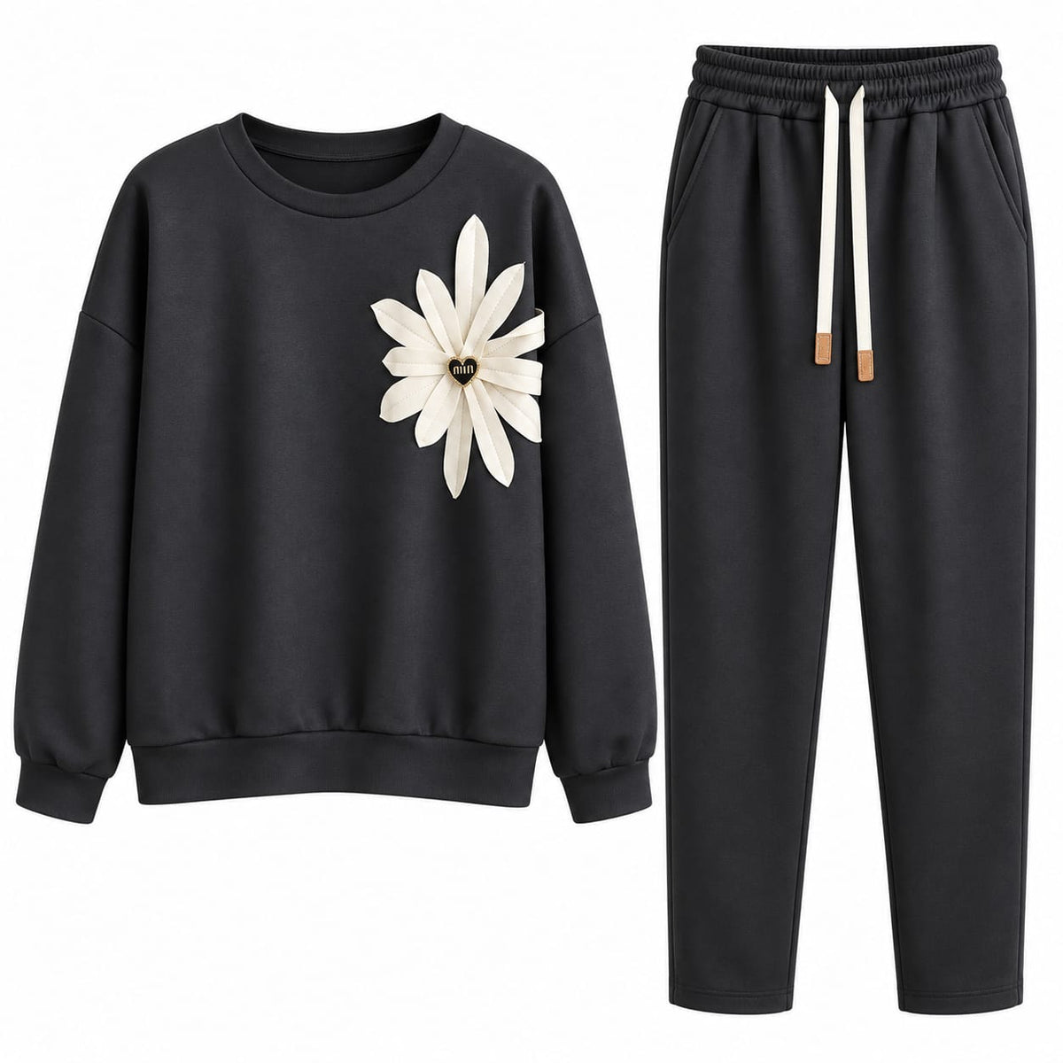 Trening dama negru cu floare aplicata, 2 piese, marime universala