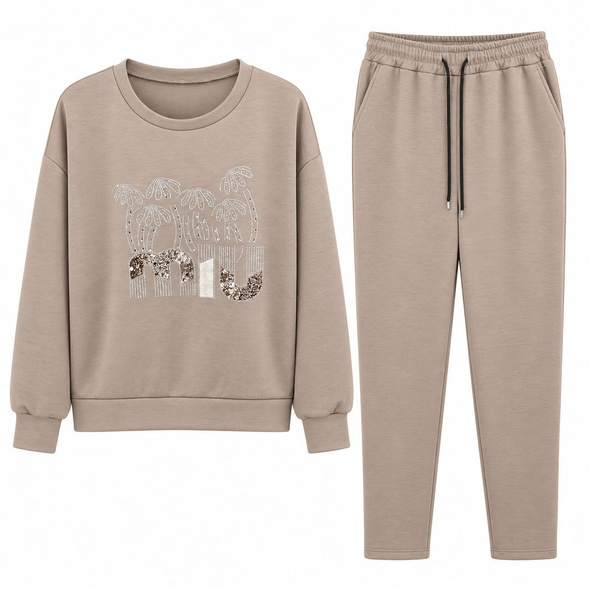 Trening dama bej cu strasuri si model floral, marime universala