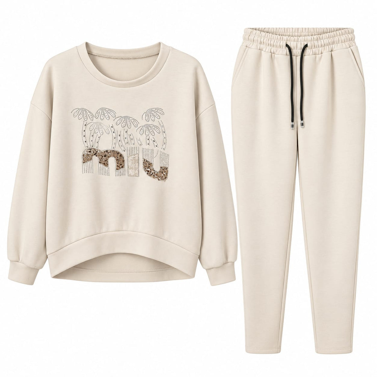 Trening dama crem cu strasuri si model floral, marime universala