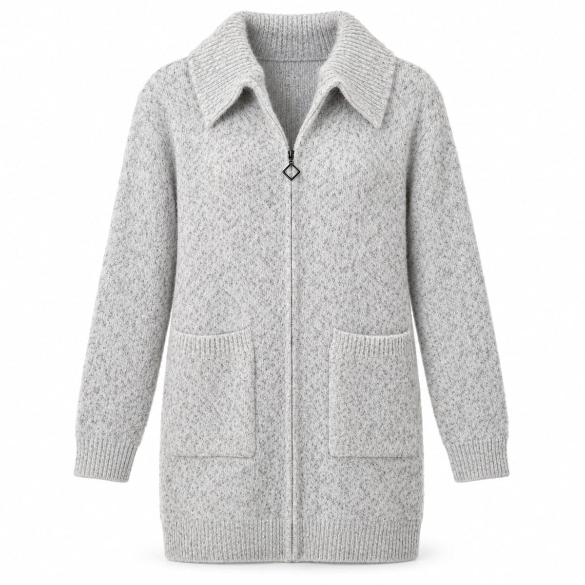 Cardigan dama gri melanj cu fermoar si buzunare, marime universala