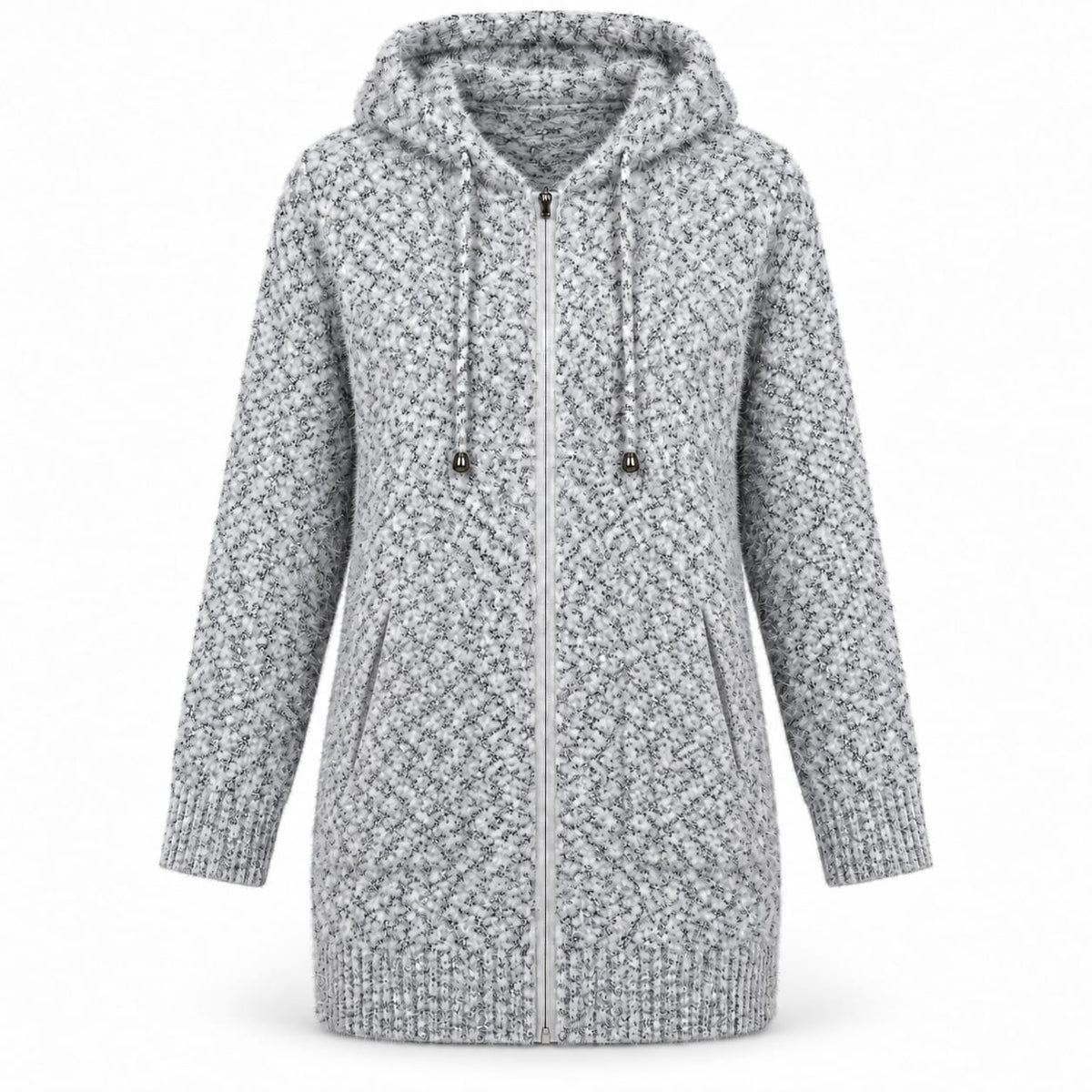 Cardigan dama lung, gri melanj, cu gluga si fermoar, marime universala