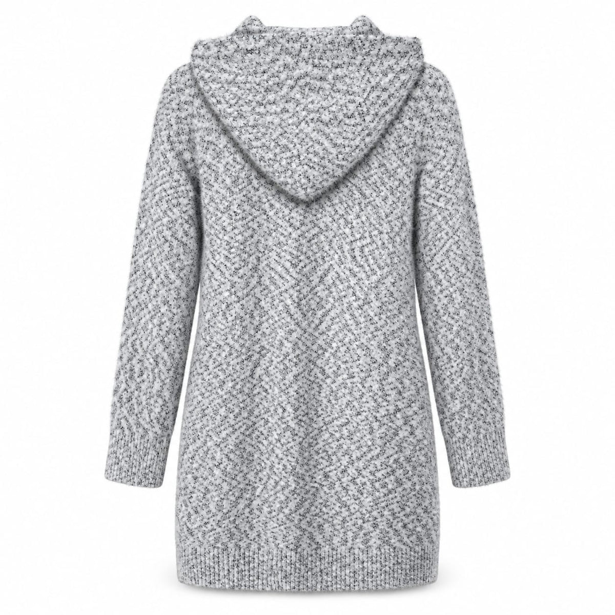 Cardigan dama lung, gri melanj, cu gluga si fermoar, marime universala