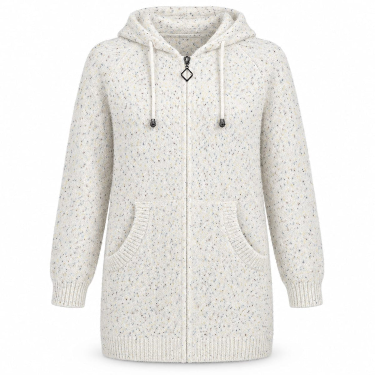 Cardigan dama lung crem, cu gluga si fermoar, marime universala