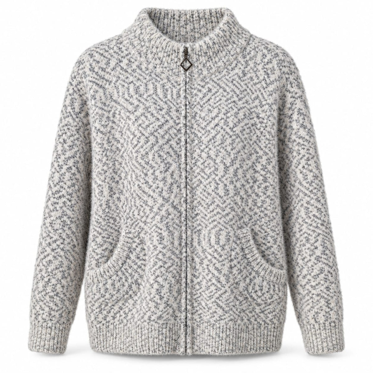 Cardigan dama gri cu fermoar si guler inalt, marime universala