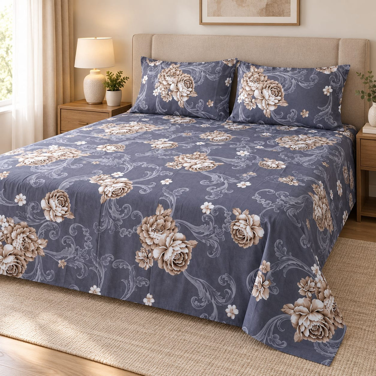 Set pilota matlasata Casa Colorata 200x230 cm, 4 piese, gri cu flori bej