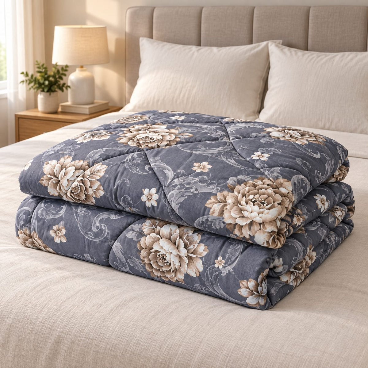 Set pilota matlasata Casa Colorata 200x230 cm, 4 piese, gri cu flori bej