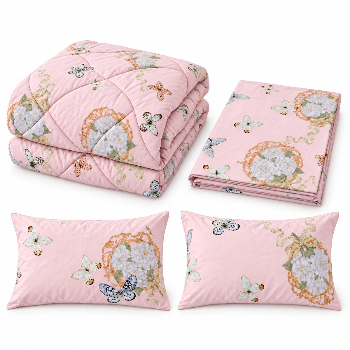 Set pilota matlasata Casa Colorata 200x230 cm, 4 piese, roz cu fluturi