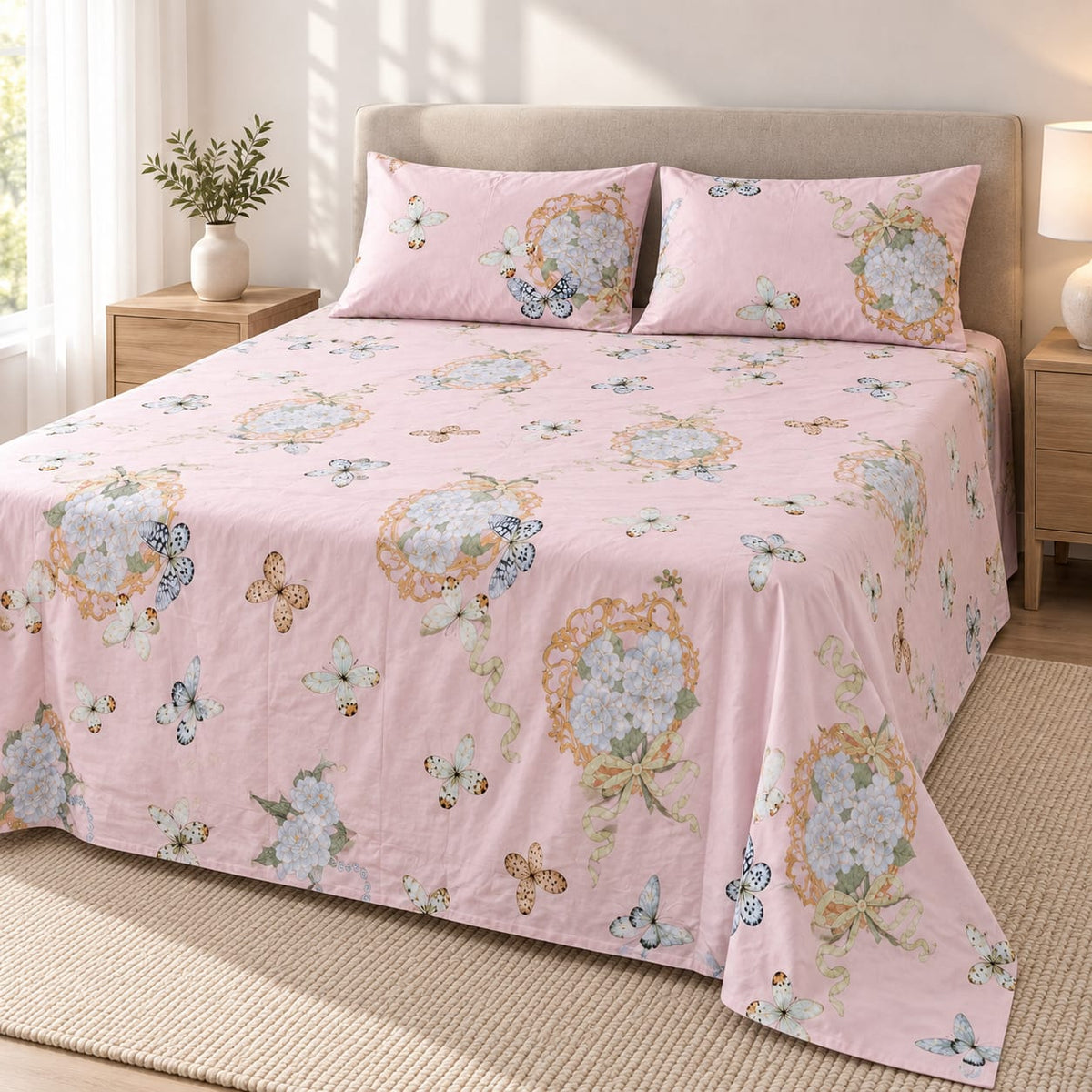 Set pilota matlasata Casa Colorata 200x230 cm, 4 piese, roz cu fluturi