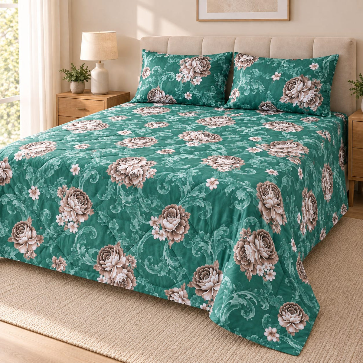 Set pilota matlasata Casa Colorata 200x230 cm, 4 piese, verde floral