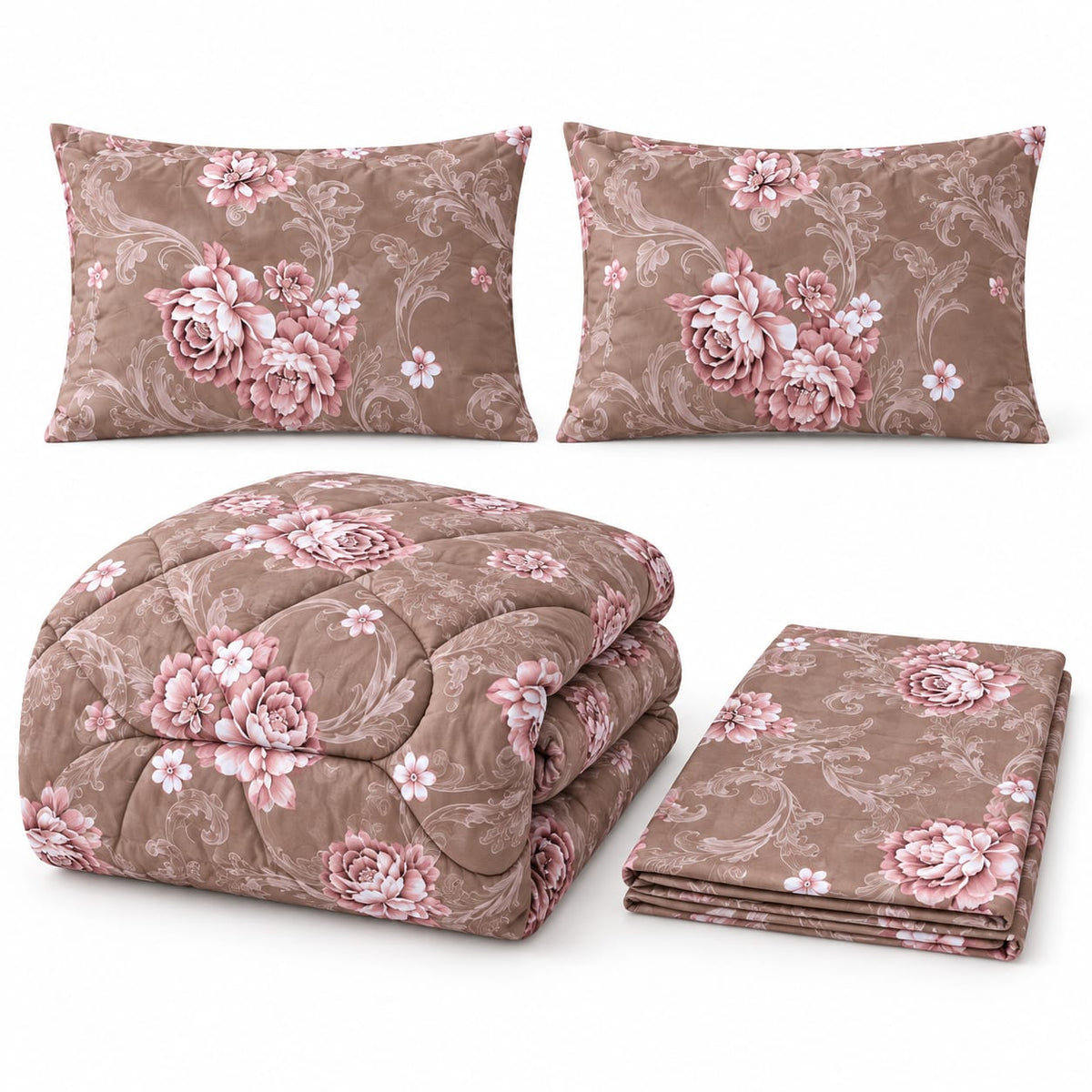 Set pilota matlasata Casa Colorata 200x230 cm, 4 piese, maro floral