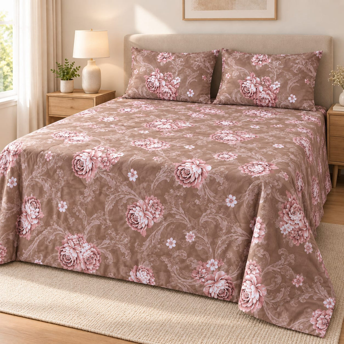 Set pilota matlasata Casa Colorata 200x230 cm, 4 piese, maro floral