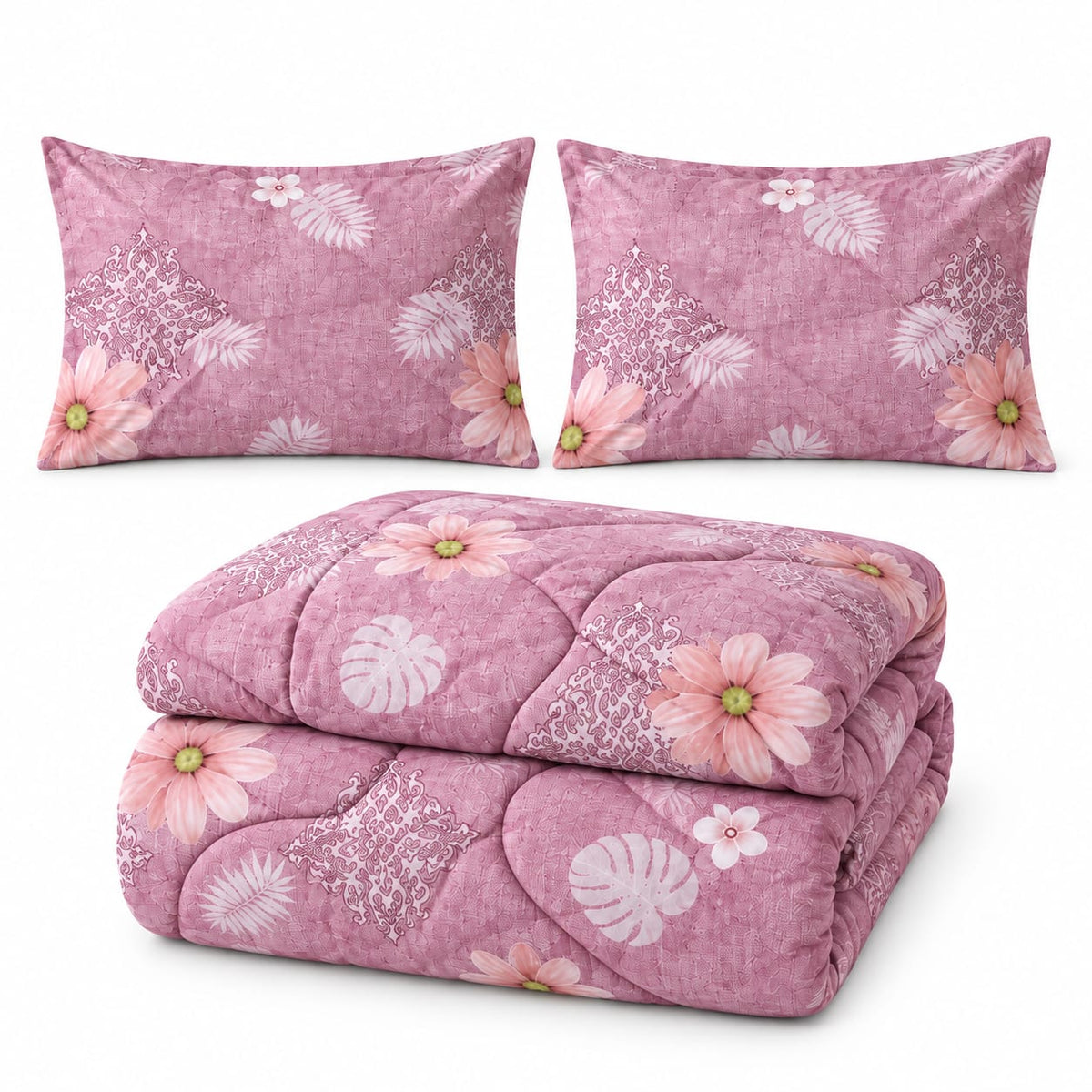 Set pilota matlasata Casa Colorata 180x220 cm, 4 piese, roz floral
