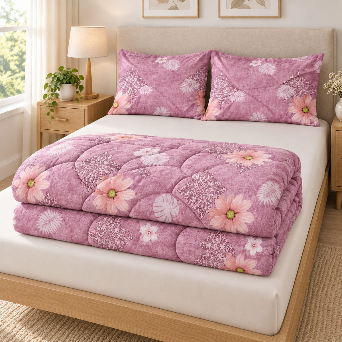 Set pilota matlasata Casa Colorata 180x220 cm, 4 piese, roz floral