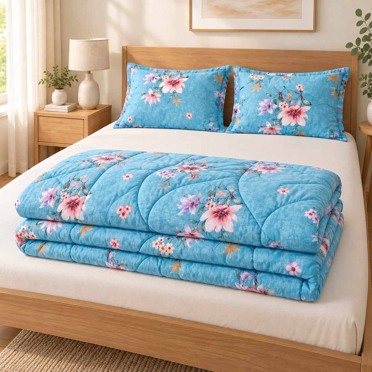 Set pilota matlasata Casa Colorata 180x220 cm, 4 piese, turcoaz floral