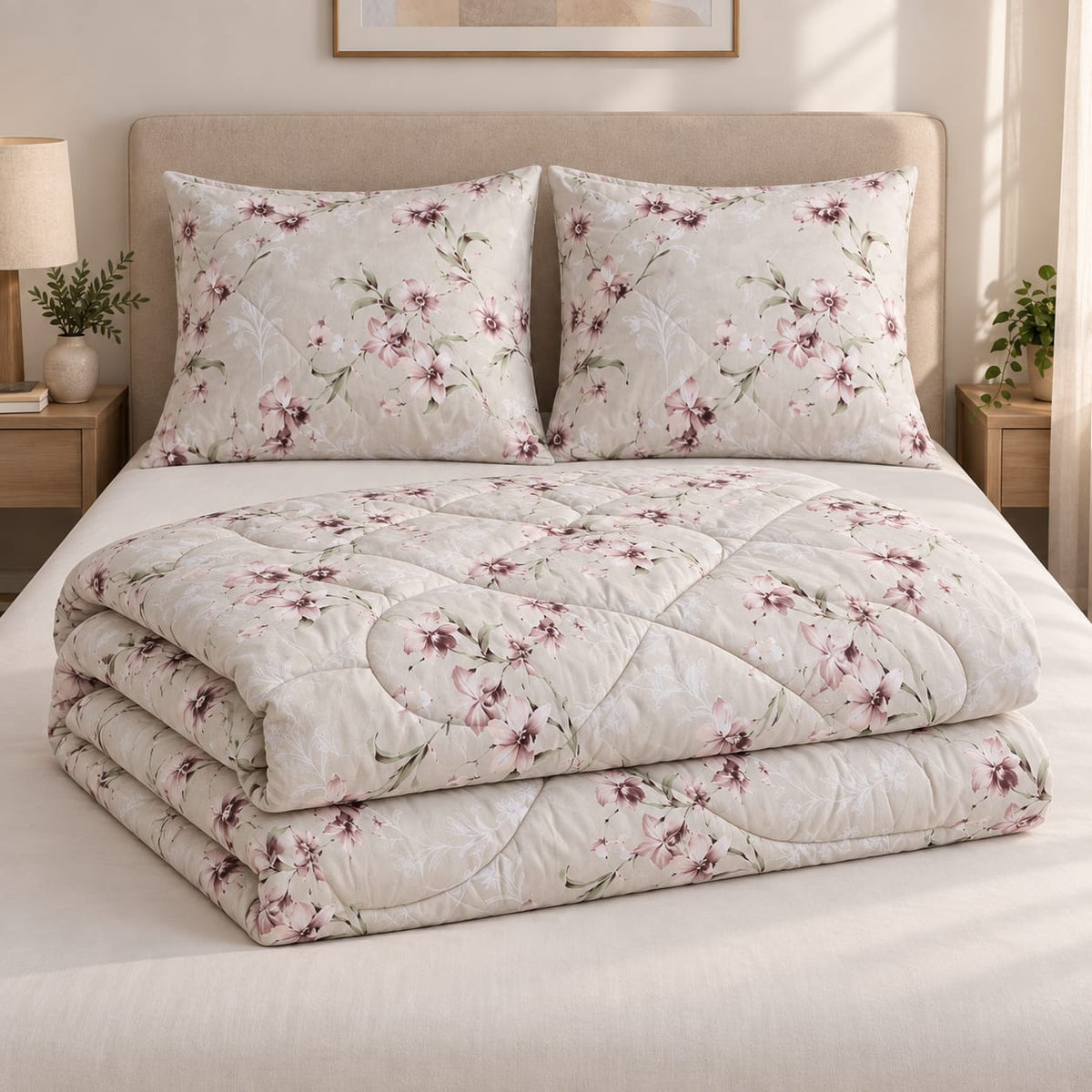 Set pilota matlasata Casa de Vis 185x230 cm, 4 piese, crem floral