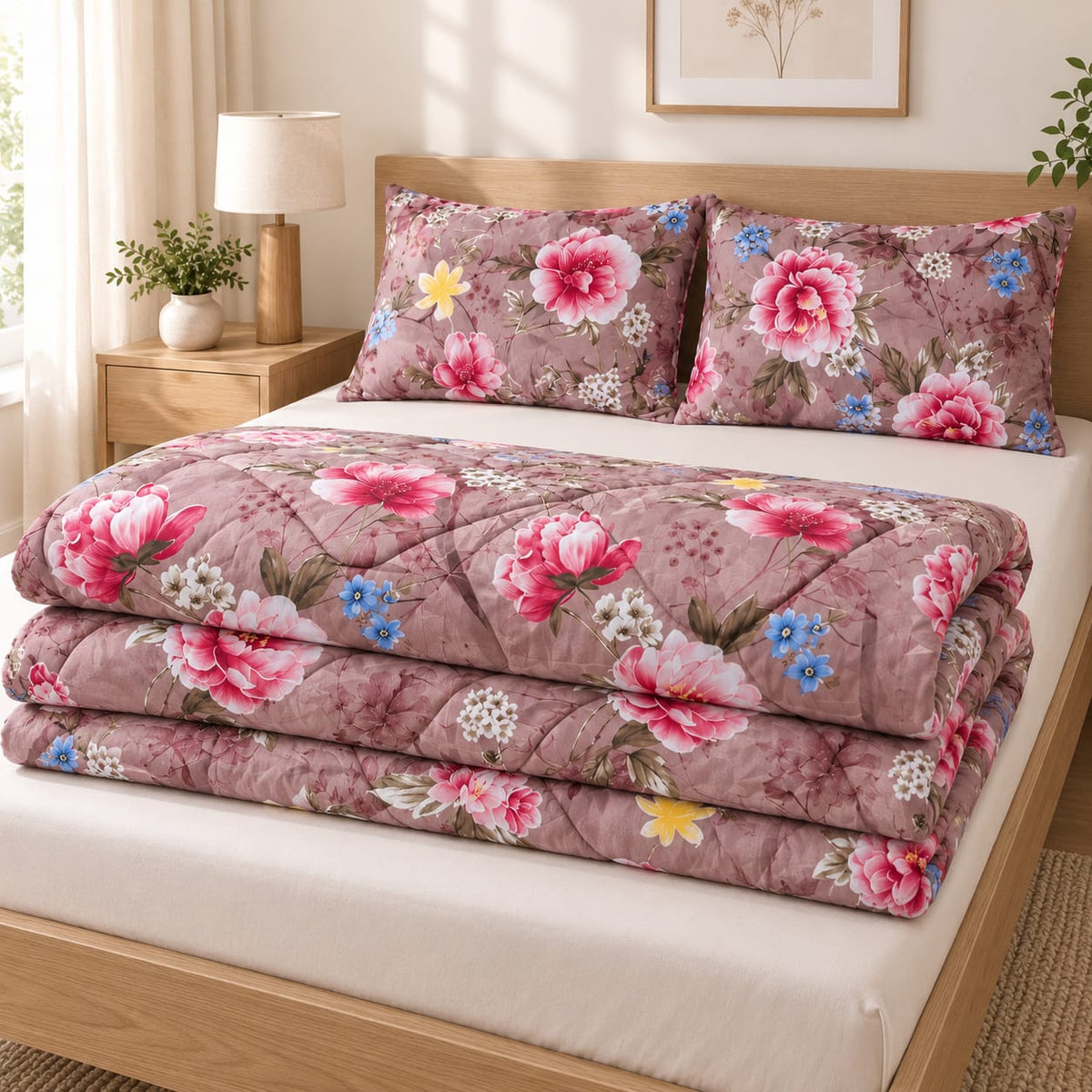 Set pilota matlasata Casa Colorata 180x220 cm, 4 piese, floral roz