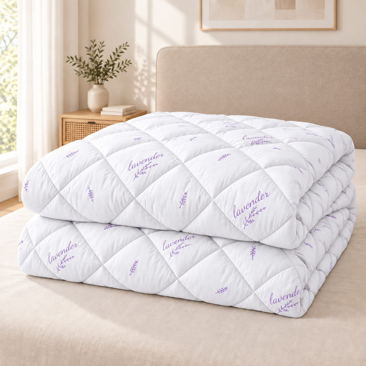 Pilota matlasata Casa Sabry 200x220 cm, alba cu imprimeu lavanda