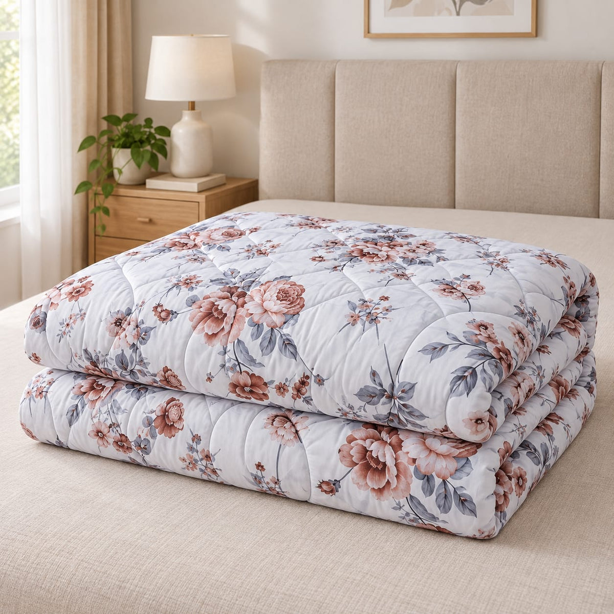 Pilota matlasata Casa Colorata 200x230 cm, alba cu flori roz