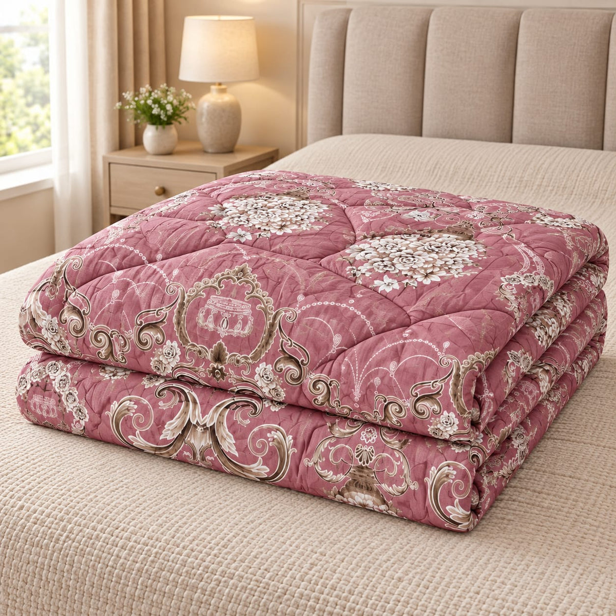 Pilota matlasata Casa Colorata 200x230 cm, roz cu imprimeu floral