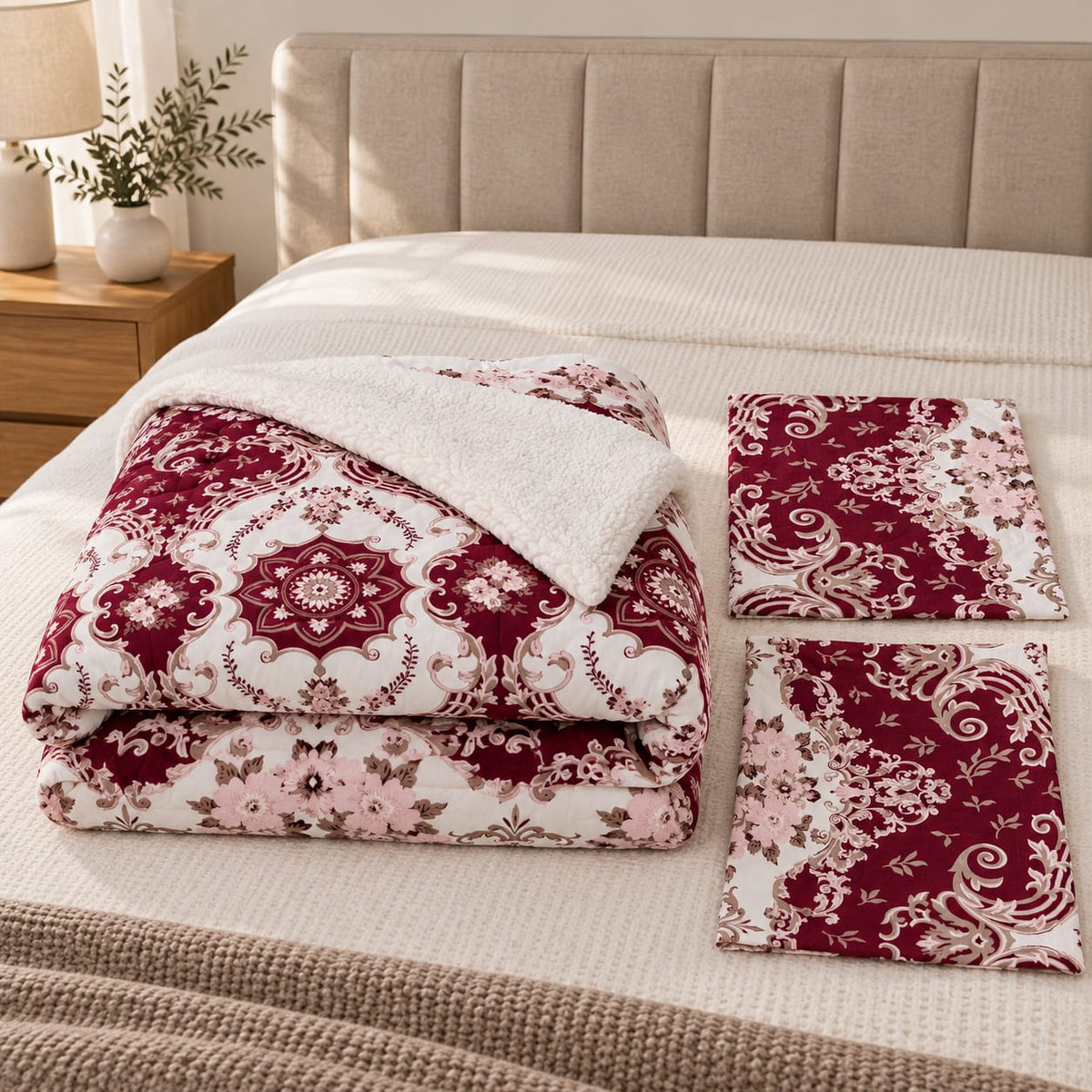 Set pilota cu blanita 200x230 cm si 2 fete de perna 50x70 cm, model floral bordo