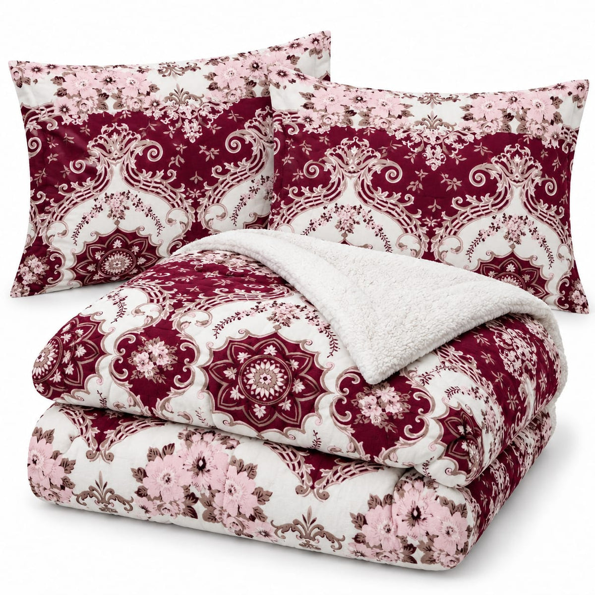 Set pilota cu blanita 200x230 cm si 2 fete de perna 50x70 cm, model floral bordo