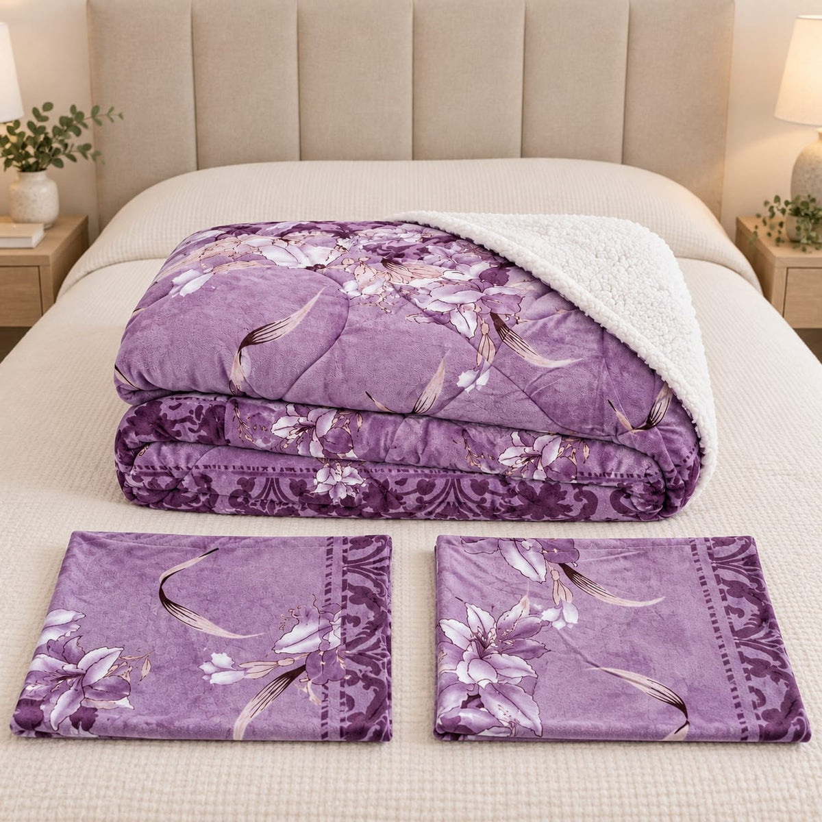 Set pilota cu blanita 200x230 cm si 2 fete de perna 50x70 cm, model floral lila