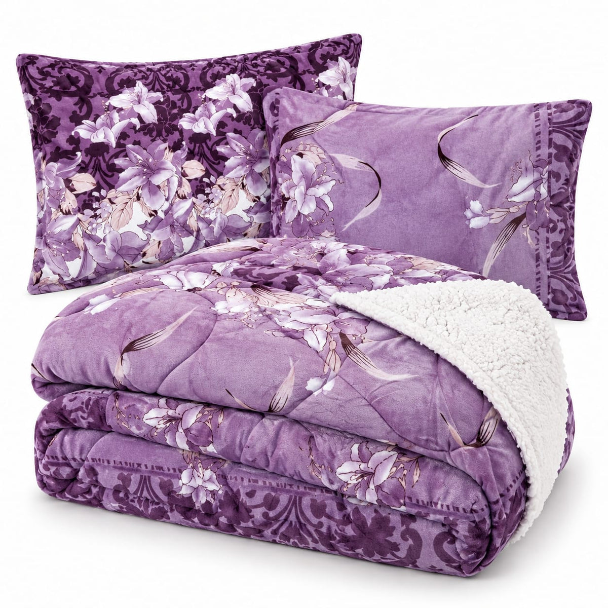 Set pilota cu blanita 200x230 cm si 2 fete de perna 50x70 cm, model floral lila