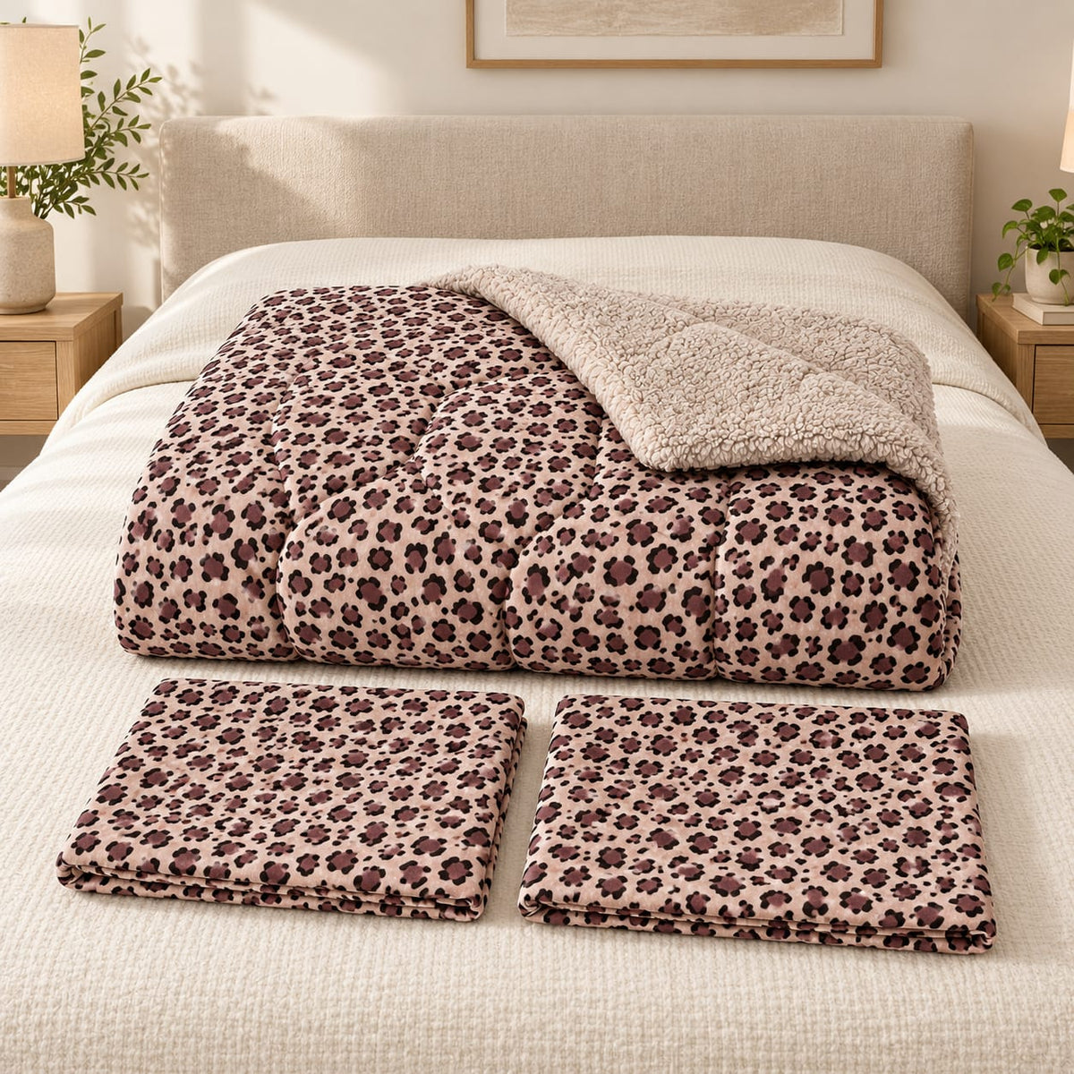 Set pilota cu blanita 200x230 cm si 2 fete de perna 50x70 cm, imprimeu leopard bej