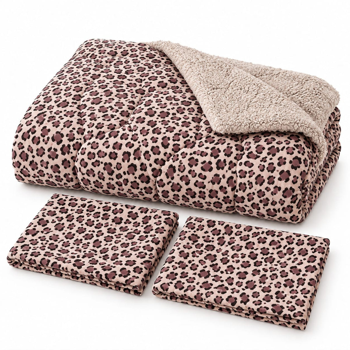 Set pilota cu blanita 200x230 cm si 2 fete de perna 50x70 cm, imprimeu leopard bej