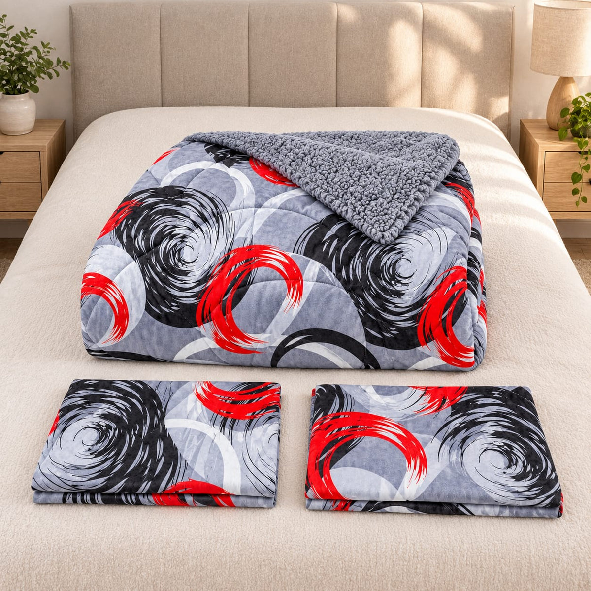 Set pilota cu blanita 200x230 cm si 2 fete de perna 50x70 cm, gri cu cercuri rosii si negre