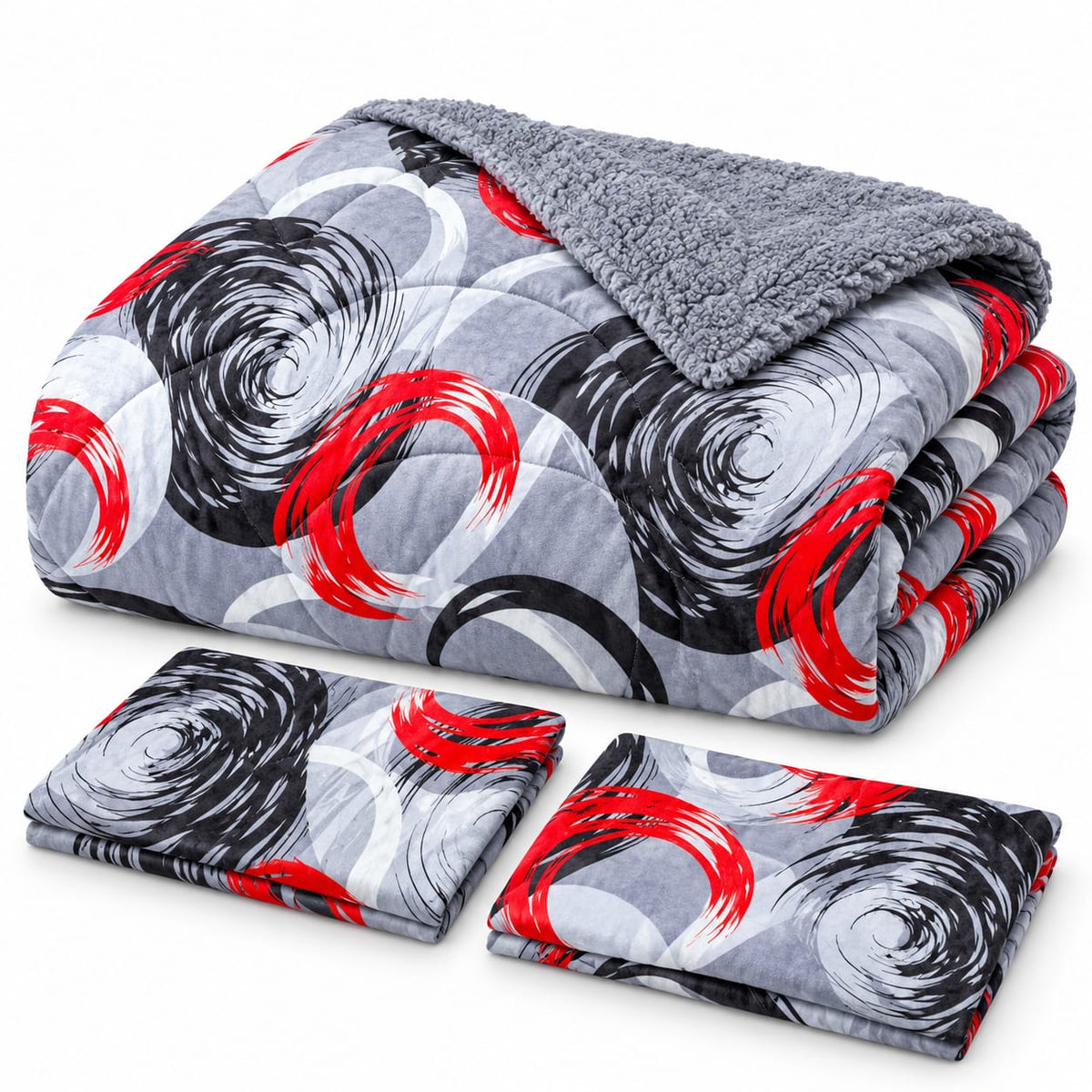 Set pilota cu blanita 200x230 cm si 2 fete de perna 50x70 cm, gri cu cercuri rosii si negre