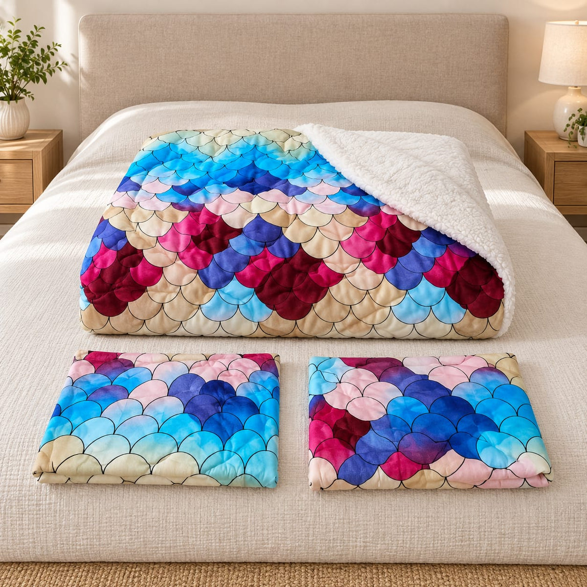 Set pilota cu blanita 200x230 cm si 2 fete de perna 50x70 cm, model solzi multicolori