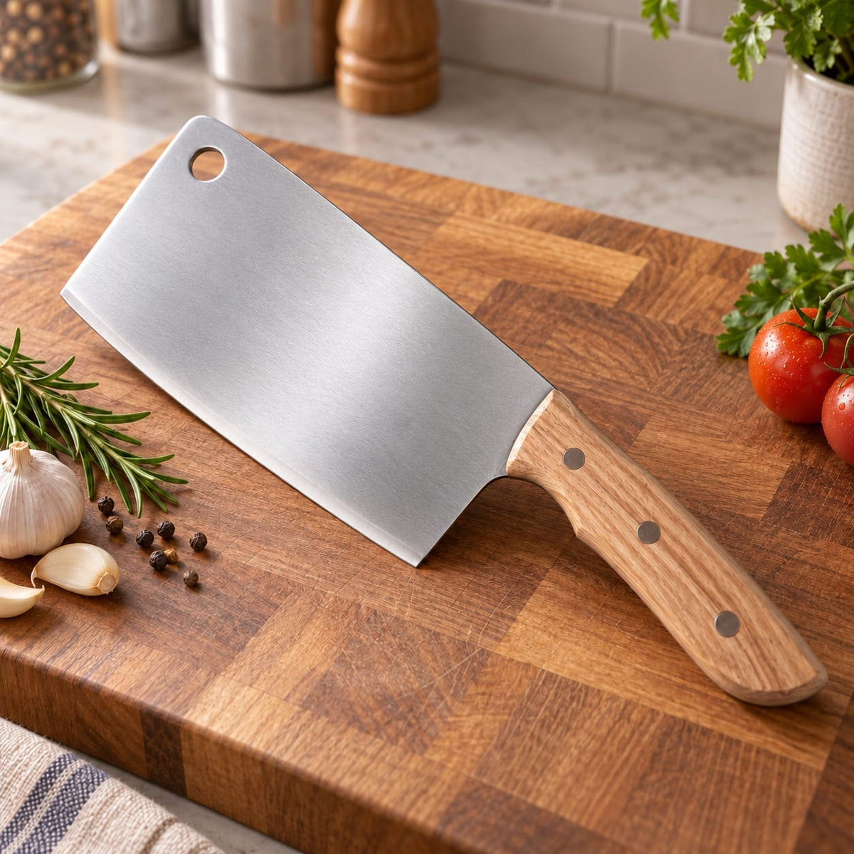 Satar de bucatarie din inox cu maner din lemn pentru carne si oase