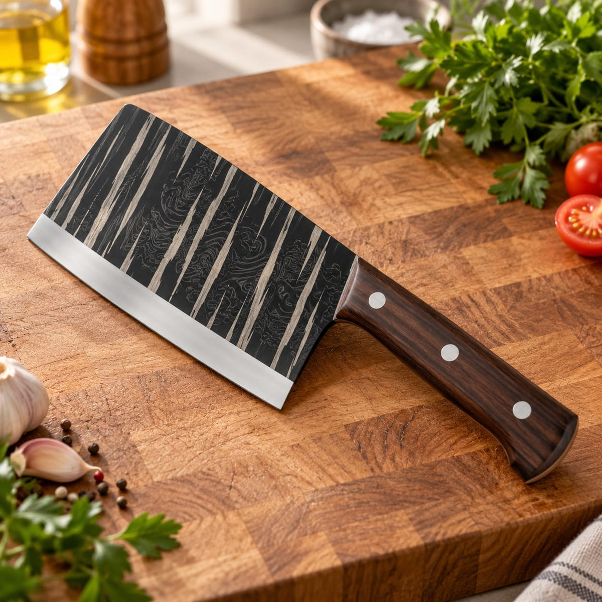 Satar de bucatarie din inox cu lama decorativa si maner maro