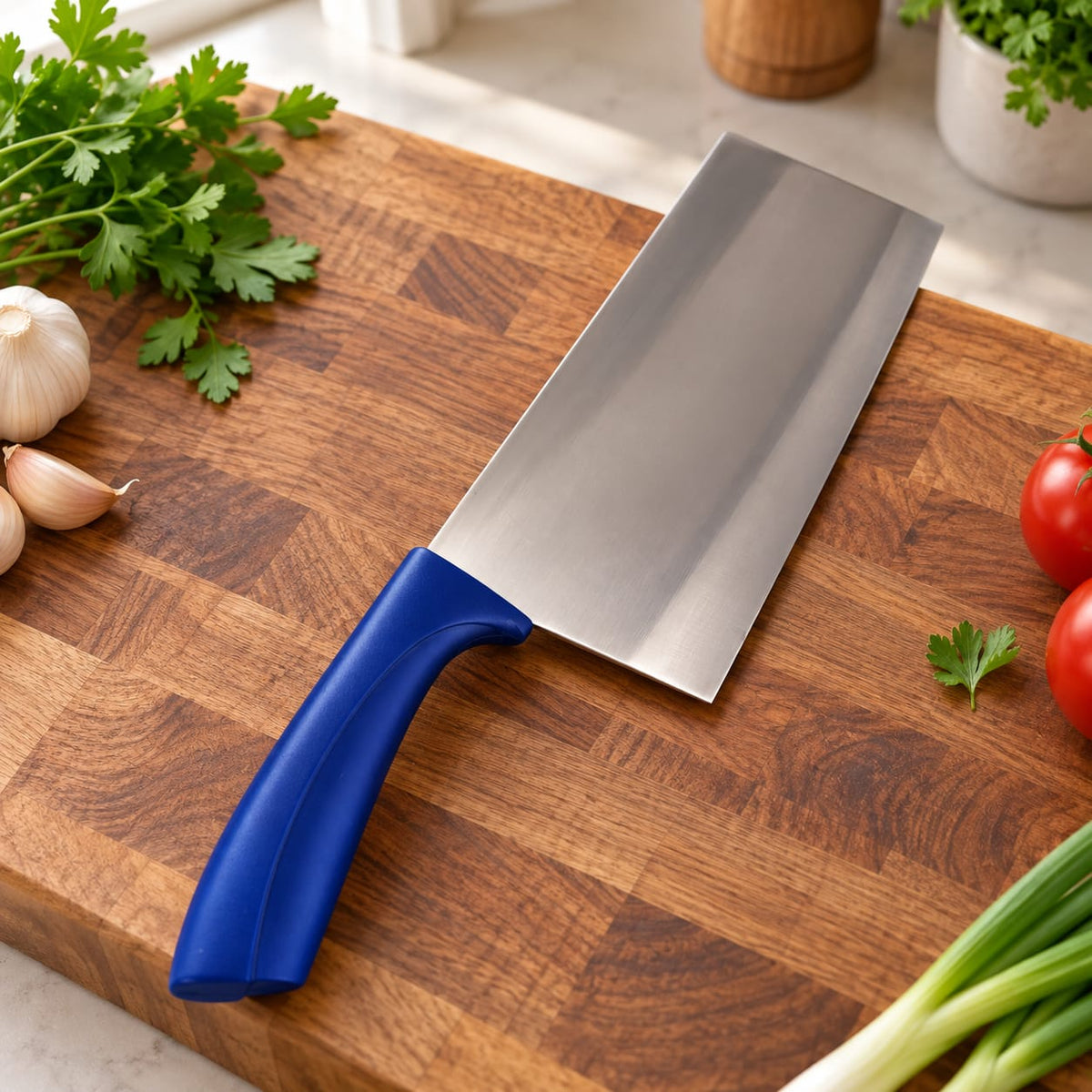 Satar de bucatarie din inox cu maner din plastic albastru