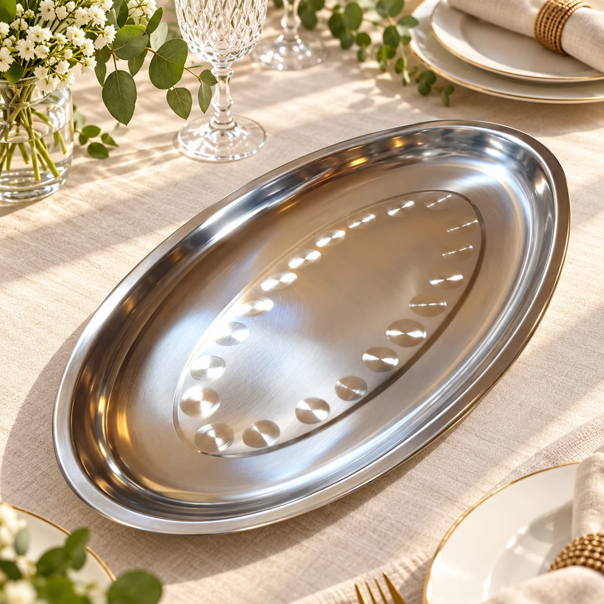 Tava ovala pentru servire 35 cm din metal, model argintiu