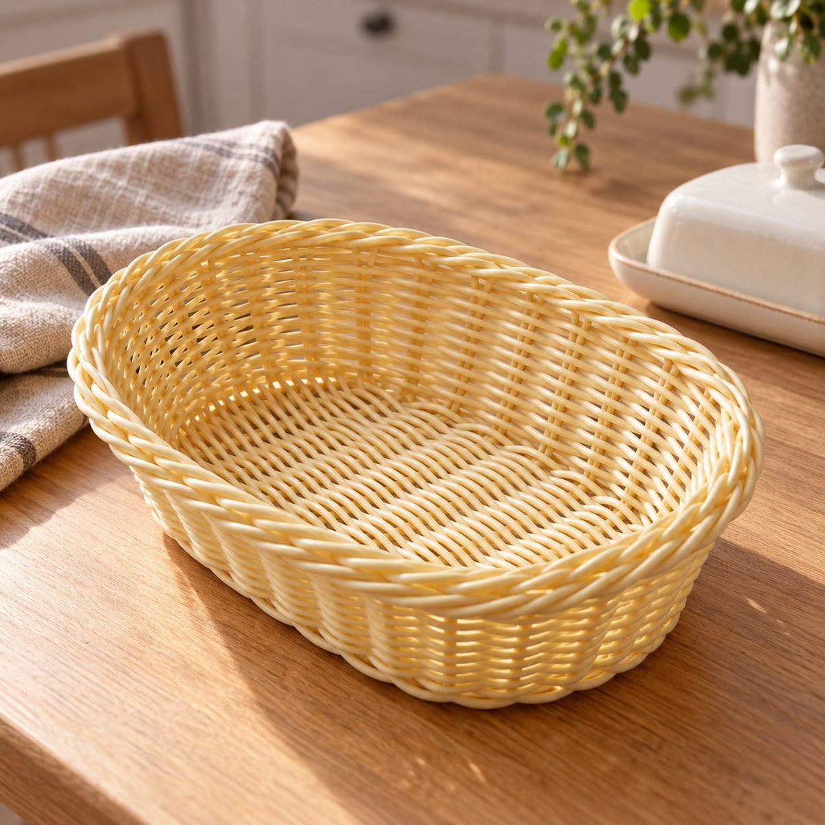 Cos pentru paine din plastic, model impletit, culoare crem