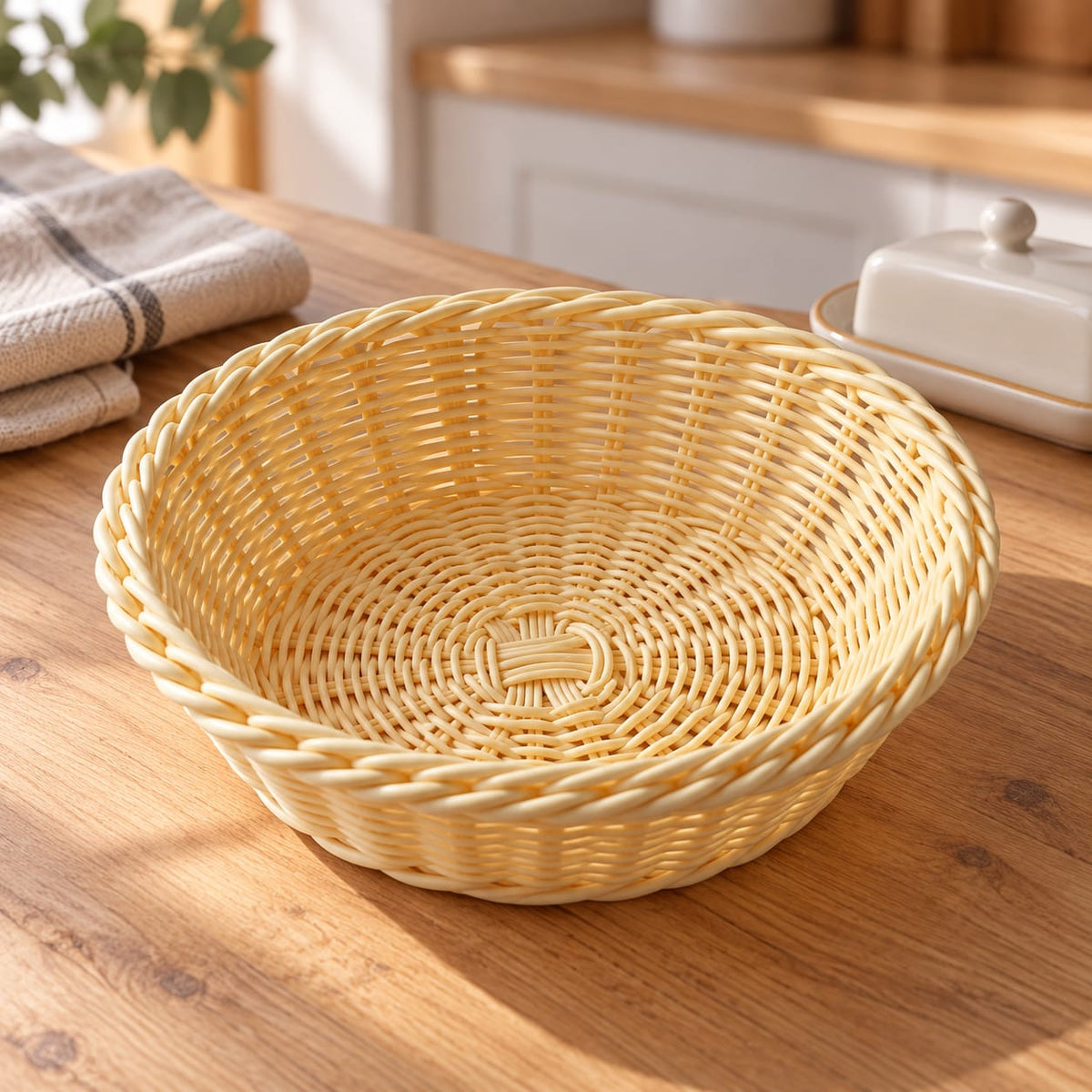 Cos rotund pentru paine din plastic, aspect impletit, culoare crem