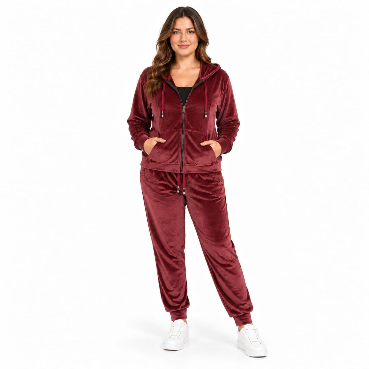 Trening dama din catifea bordo, 2 piese, cu gluga, marime 6XL-8XL