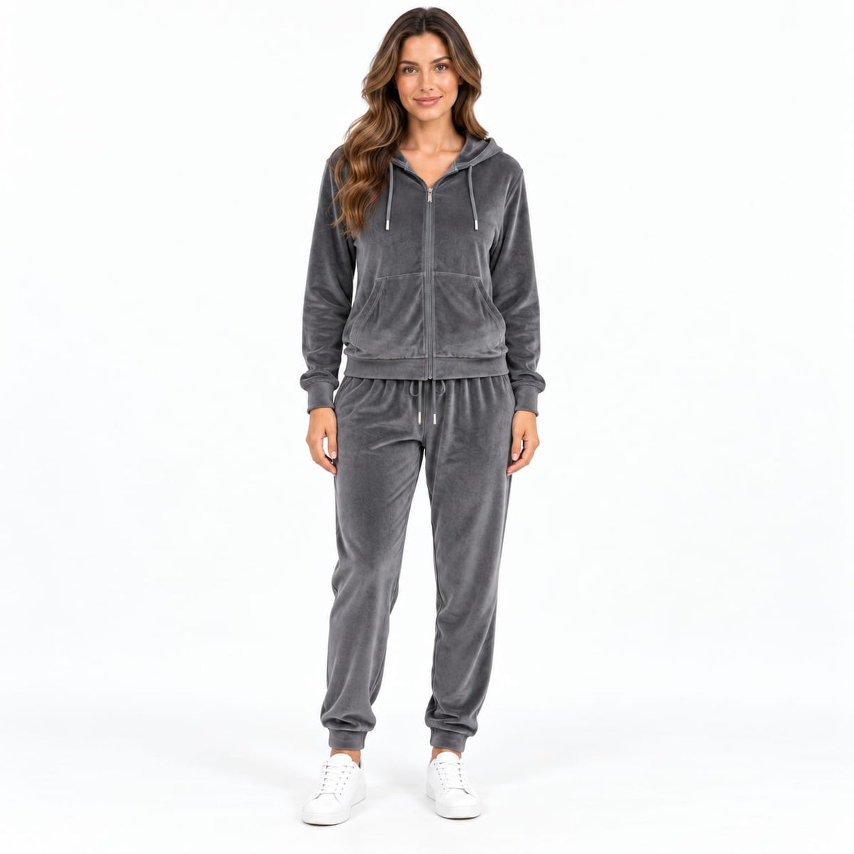 Trening dama din catifea gri, 2 piese, cu gluga, marime 7XL