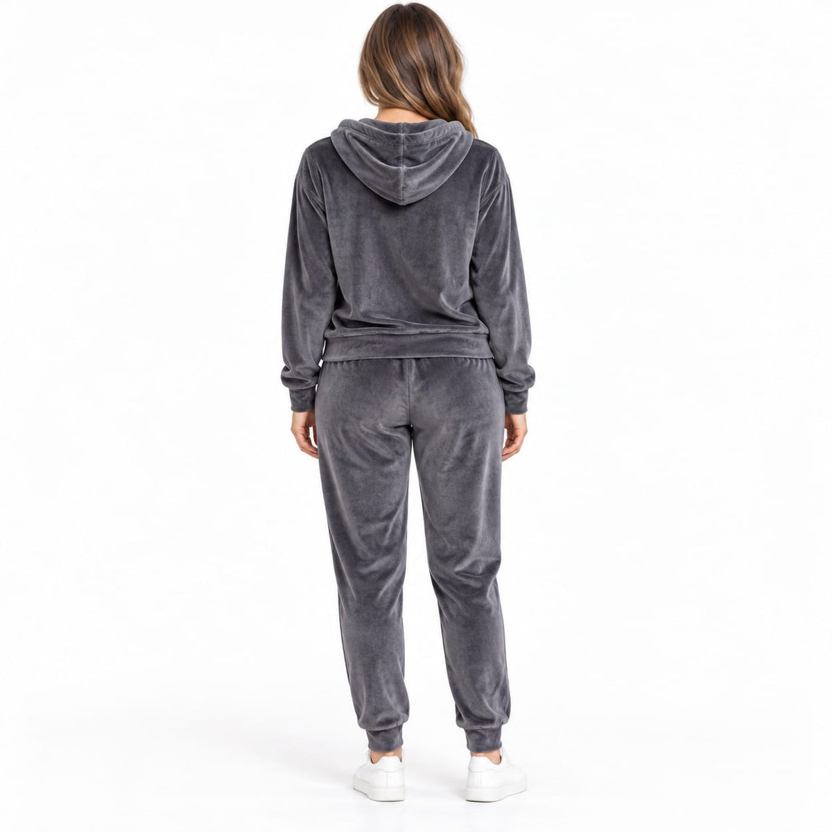 Trening dama din catifea gri, 2 piese, cu gluga, marime 7XL