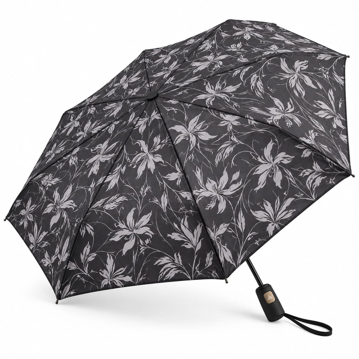 Umbrela pliabila neagra cu imprimeu floral si maner cu buton