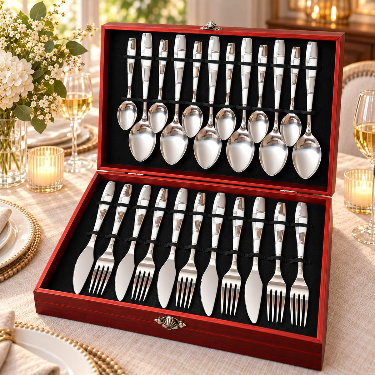Set tacamuri 24 piese din inox cu cutie eleganta, pentru 6 persoane